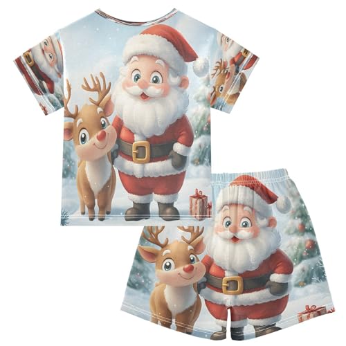 ALAZA Cartoon Santa Claus Deer Merry Christmas Pajamas Set Short Sleeve Cotton Sleepwear Summer Pjs 2 Piece 5-14Y2