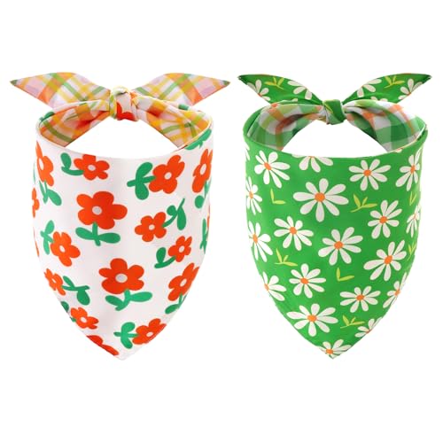 Sucrain 2PCS Spring Dog Bandana, Double-Sided Printing Yellow Green Daisy Plaid Adjustable Triangle Holiday Scarf Reversible Handkerchief Puppy Dog Cat Pet (Yellow, Large)