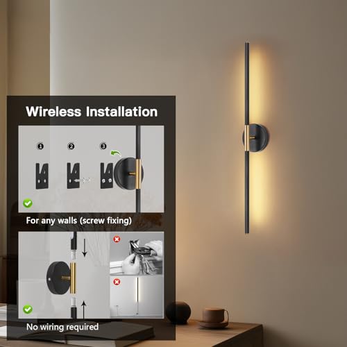 Image of Battery Operated Wall Sconces Set of Two 360 Rotate Wireless Rechargeable Light Dimmable with Remote - Black Gold Modern Sconces Cordless Wall Decor for Home Bedroom Timer 31.5 Inch