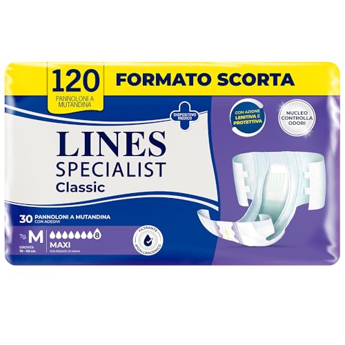 LINES SPECIALIST CLASSIC PANNOLONI A MUTANDINA MAXI, PER INCONTINENZA UOMO E DONNA, CON LOZIONE LENITIVA, INDICATORI DI CAMBIO, MISURA MEDIA, SCORTA MENSILE, CONFEZIONE DI 120 UNITA'