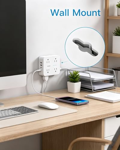 Image of One Beat Surge Protector Power Strip, 6 Ft Ultra Thin Flat Extension Cord with 8 Outlets 4 USB Ports(2 USB C), Flat Plug Power Strip, Braided Power Strip for Home, Office, Dorm Room Essentials