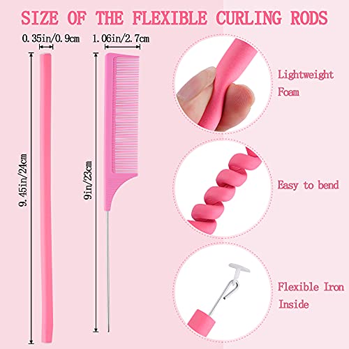 60Pcs 9.45" Flexible Curling Rods Hair Twist Flexi Rods Hair Curlers Set,Twist Foam Hair Rollers No Heat Hair Rods Rollers Hair Curlers Rollers,Steel Pintail Comb Rat Tail Comb For Short And Long Hair #TOP1
