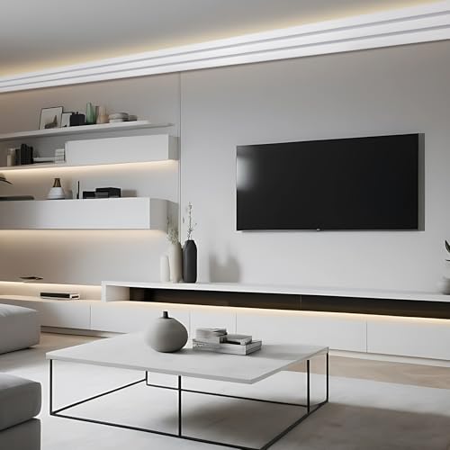 Image of Pushglossy 9 Pcs 47.24 inch(Total 35.4 Ft) Ceiling Crown Molding with LED Duct Kit for Seamless Ambient Accent Lighting Waterproof Channel for Easy LED Trim Moulding Strip Installation