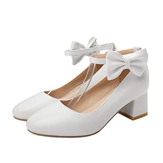 Happyyami Mary Jane kvinnor söta pumps med bågklack mellanstort block 5 cm rockabilly ankelrem spänne skor eleganta bekväma för bröllopsfester, Vit, 39 EU