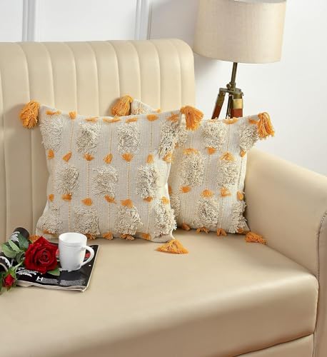 Image of Furnistitchs Premium Decorative Throw Cushion Pillow Cover Boho Home Decor - Living Room Bedroom Couch Sofa Cushion Covers 16 inch x 16 inch (2, Mustard Tassels)