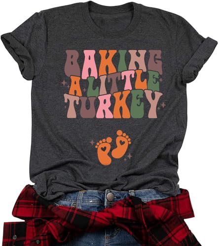 Baking a Little Turkey Pregnancy Announcement Shirt Women Thanksgiving Maternity Pregnancy T Shirt Fall Casual Tee Tops(L,Gray)