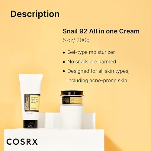 COSRX Crema todo en uno avanzada de caracol 92, gel hidratante facial diario con secreción de mucina de caracol para pieles secas, propensas al acné y sensibles 200 g (Envase de 1)