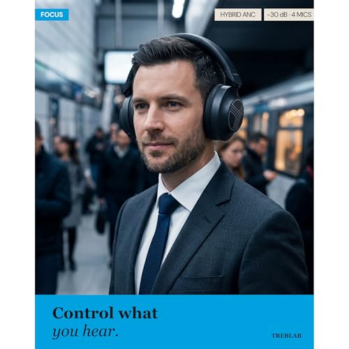 Image of TREBLAB Z7-Pro Noise Cancelling Over Ear Headphones Wireless Bluetooth | Hybrid ANC -30dB, 38H Battery, Transparency Mode, Foldable with Case, Multipoint BT 5.3, Gaming Mode 65ms, USB-C, AUX