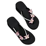 Womens Butterfly Rhinestone Flip Flop Sandals Summer Casual Thong Strap Clip Toe Wedge Heel Platform Slipper Comfortable Slip-on Beach Shoes Pink