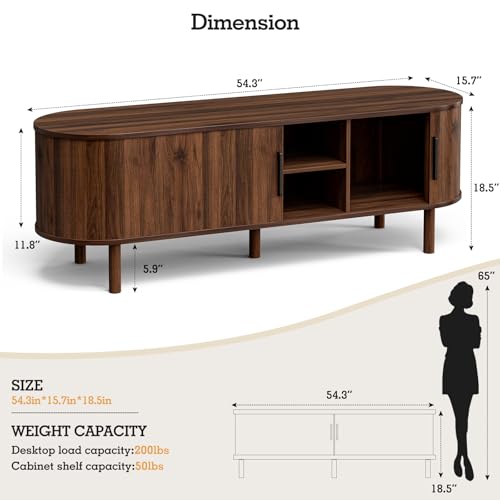 Image of ZttRiee TV Stand with Sliding Doors for TVs up to 60 inch, Mid-Century, Walnut | 55 inchW x 18.5 inchH x 15.7 inchD, 200 lbs top / 50 lbs shelf, 2 central shelves & 2 side cabinets, rounded corners, ~60 min assembly