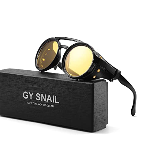 GYsnail Make the world clear Round Premium Steampunk Sunglasses For Men With Leather Side, UV400 Protection HD Punk Sungalss3