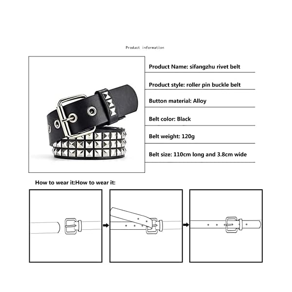 Black Studded Belt Punk Rock Rivet Belt Grommet Threads Belt with Bright Metal Pyramid for Women Men (Black) - Image 8