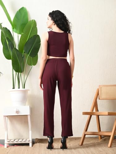 Image of Women's Maroon Ribbed Sleeveless Co-ord Set | Stylish Crop Top & High-Waist Pants
