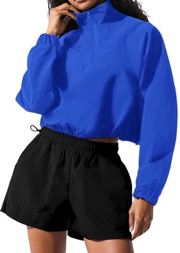 LACOZY Women's Lightweight Zip Up Workout Athletic Cropped Jacket Windproof Outdoor Crop Top Royal Blue M