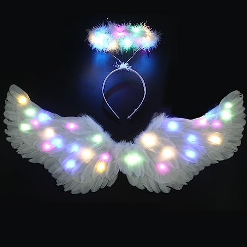 Ptesuply Ailes d'ange, ailes d'ange lumineuses et halo avec lumières LED - 3 modes d'éclairage, costume d'Halloween d'ange blanc, fête de cosplay de Noël (moyen, coloré)