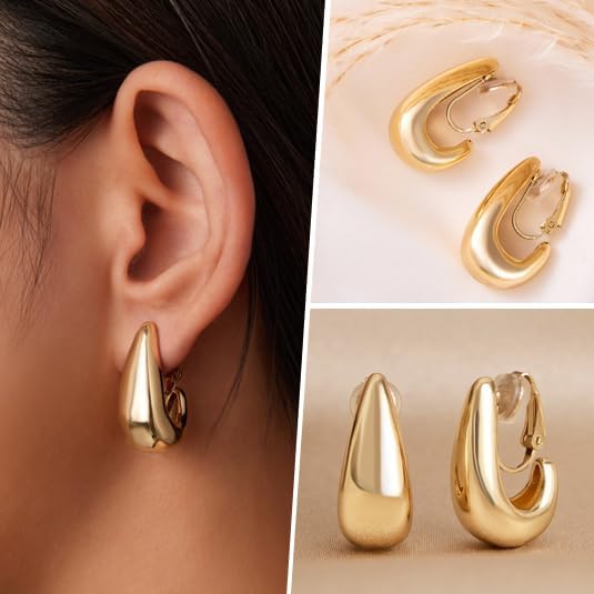 FAN&LOUIS 14K Gold Clip On Earrings for Women, Chunky Huggie Teardrop Clip-on for Non Pierced Ears - Image 4