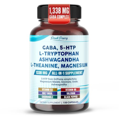 PeakPury GABA Complex 1338mg with L-Theanine L-Tryptophan Ashwagandha 150 Capsules - Calm Focus & Relaxation Support