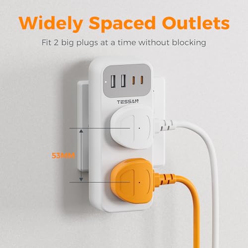Double Plug Adaptor with 4 USB(2 USB C), TESSAN 2 Way Multi Plug Extension Adapter, UK 13A Fuse Multiplug Sockets Power Extender for Home, Kitchen, Office, School Supplies - Image 3