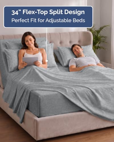 Image of Extra Deep Flex Top Split Head King Sheet Set - 6 Piece Breathable and Cooling Sheets - Hotel Luxury Bedding for Women, Men, Kids & Teens - Easy Secure Fit - Extra Deep Pockets - Heathered Grey