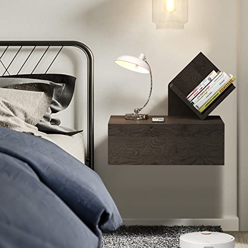 Pmnianhua Floating Nightstand With Drawer,Wall-Mounted Night Stand,Rustic Wood End Table,Modern Beside Tables With Storage For Bedroom,Living Room,College Dorm(Dark Grey,Right) #TOP5