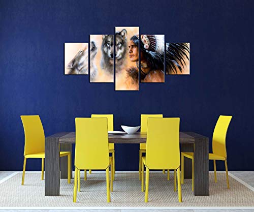 Native American Decor Indian Man In Ethnic Feather With Wolf Wall Art Canvas Painting 5 Pieces Modern Posters Prints Pictures Artwork For Living Room Home Decor Ready To Hang (60''Wx32''H) #TOP4