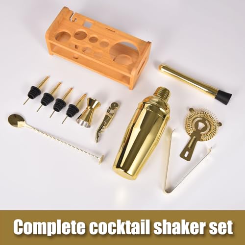 Esmula 750ml Cocktail Making Set with Bamboo Stand, 12 Piece Cocktail Shakers Kit for Mixed Drink, Professional Stainless Steel Bartender Bar Tool Set-Cocktail Recipes Booklet (Gold)