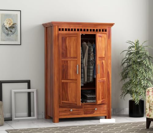 Image of Sheesham Wood Wardrobe with 2 Drawer and 2 Shelves Storage for Bedroom Wooden Almirah for Clothes for Living Room Bedroom Home, Solid Wood Furniture (Honey Brown)