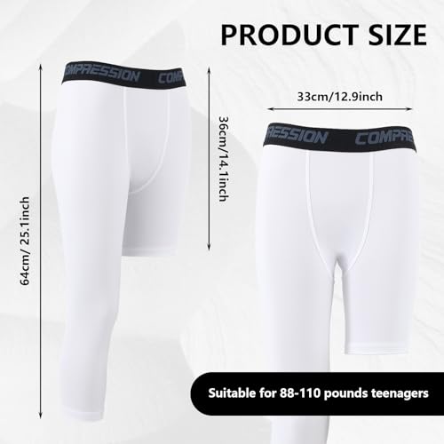 2Pack Basketball Leggings 3/4 One Leg Compression Tights Men Youth, Boys Compression Leggings Athletic Base Layer Pants for Sports Training Football Basketball (10-15 Years Old) White2
