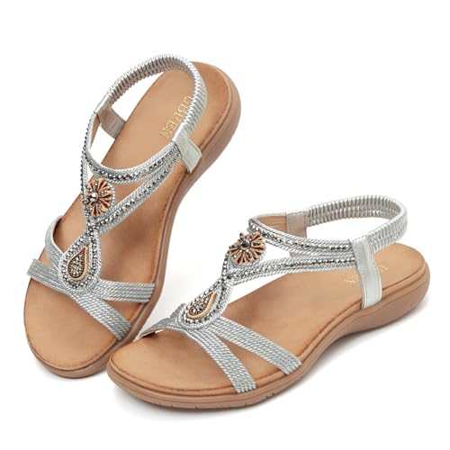 Image of UBFEN Womens Rhinestone Flat Sandals Comfortable Vacation Bohemian Style