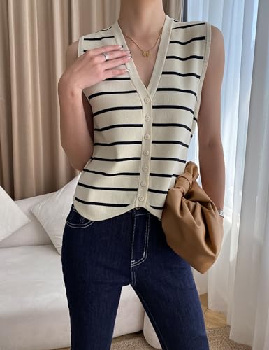 Image of Chevara Women's Sleeveless Striped Sweater Vest Casual V Neck Vest Tops Summer Outfits(0084-White-M-CW), Medium
