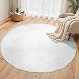 BEIMO Tapis de Salon Shaggy Tapis Chambre Moderne à Poils Longs et Moelleux, Grand Doux Tapis de Sol Pelucheux Dessous Antidérapant, Blanc Neige, 100cm Rond