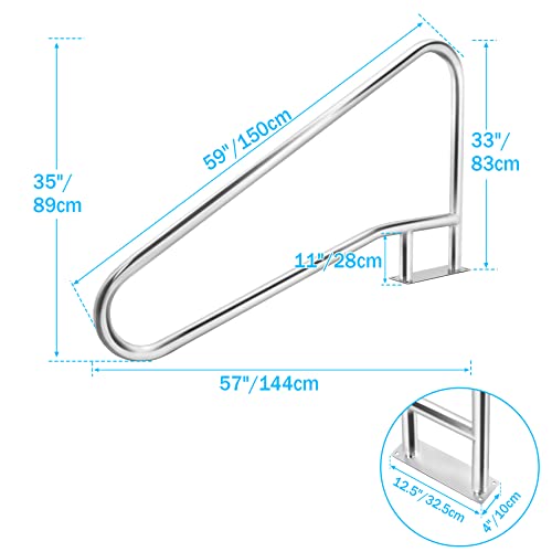 Tcfundy Pool Handrail 57"X35" Swimming Pool Stair Rail 304 Stainless Steel Pool Hand Rail With Grip Cover, 385Lbs Load Capacity, Quick Mount Accessories #TOP6