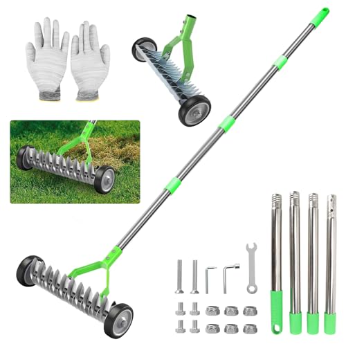 Scarificateur manuel avec roues, râteau de scarification avec manche de 170 cm, largeur de travail de 32 cm, râteau de scarification en métal, râteau de...