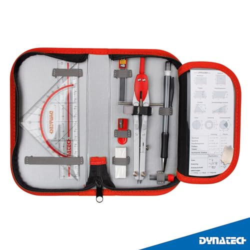 DynaTech Zirkel Set Geometrieset 13-Teilig mit Schnellverstellzirkel, Geodreieck, Parabel, Bleistift, Lineal, Spitzer und Ersatzminen im Etui rot - praktisches Mathematik-Set inkl. Federmappe