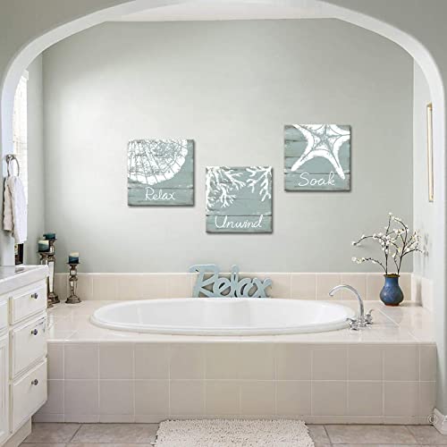 Fushvre 3 Pieces Relax Soak Unwind Bathroom Wall Art Teal Seashell Starfish Coral Canvas Picture Print Framed Sea Animal Decorative Artwork Ready To Hang 12"X12"X3Pcs #TOP4