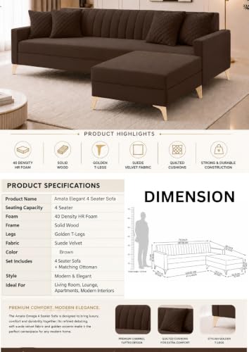 Image of AMATA Falcon ele 4 Seater Fabric Suede Velvet Brown Colour Sofa Set with Four Cushions Perfect for Home Office Guests Living Room (Falcon Brown 01, Falcon 4 Seater l Shape)(3 Year Warranty)