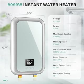 Tankless Water Heater Electric 9000W Instant Hot Water Heater Under Sink, Point of Use Water Heaters with Digital Display for Kitchen Bathroom
