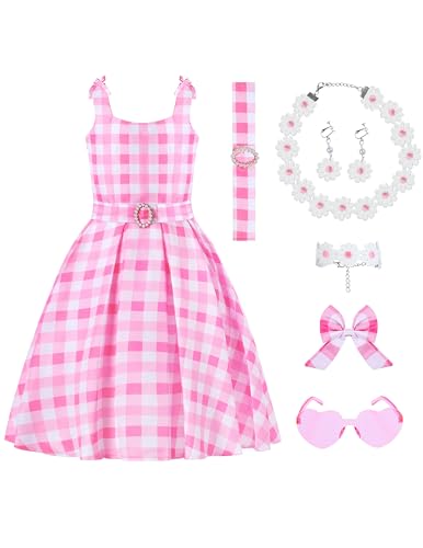 Spooktacular Creations Disfraz de Halloween para niñas, disfraz de vestido de cuadros rosa, vestido de muñeca rosa para niñas, fiesta de Halloween, juego de rol (grande (10-12 años))