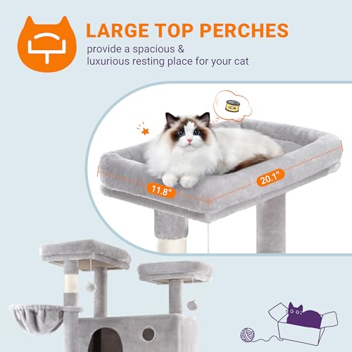 Image of Allewie 81 Inches Tall Cat Tree /Multi-Level Large Climbing Tree House and Towers for Big Feline /Condo and Hammock /Scratching Post /Wide Base /Grey