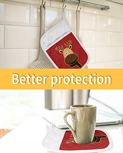 Christmas Reindeer Pot Holders With Pocket For Kitchen, Heat-Resistant Potholders Set Of 2, Hot Pads Oven Mitts With Hanging Loops For Home Cooking Baking Microwave, Rudolf Red Cartoon #TOP6