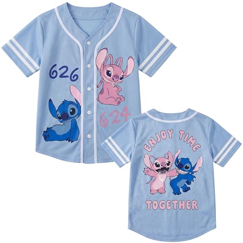 Image of Disney Lilo & Stitch Girls Baseball Jersey Shirt Button Down Kids Tee Stitch Angel Sizes 4-16