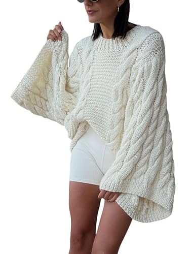 Yeokou Womens Oversized Luxe Baggy Sweater Cable Knit Bohemia Stylish Wide Long Sleeve Cute Fall Casual Pullover(Beige-L)