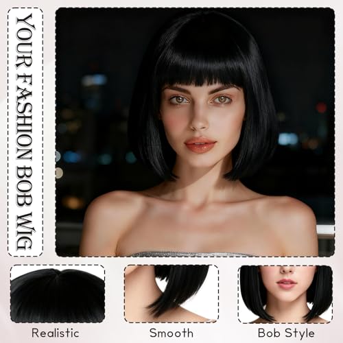 Image of PLULON Black Short Bob Wig with Bangs for Women, Colorful Neon Short Bob Synthetic Hair Wigs with Hair Cap Heart Sunglasses for Adults Men Daily Bachelorette Halloween Costume Party Supplies