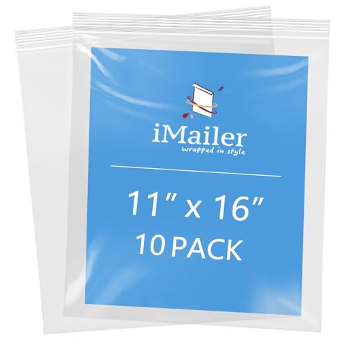 iMailer - 11" x 16" 10 Pack - 2 Mil Resealable Zip Bags - Clear Plastic Bags with Zip Top Lock for Storage, Organizing, Crafts, Travel
