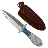 WHISKEY BENT HAT CO. Vaquero Dagger Traditional Fixed Blade Knife 440C Stainless Steel 3.5' Blade w/Leather Sheath 7' Overall Length (Pearl Agate, 7' - Overall Length)
