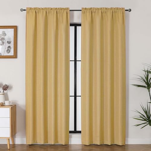 Lecloud Bessie Gold Curtains for Living Room 84 Inches Long 2 Panels Airy Privacy Light Filtering Curtain Drapes Faux Linen Textured Rod Pocket Curtains for Bedroom Dining Room Each 40 W x 84 L