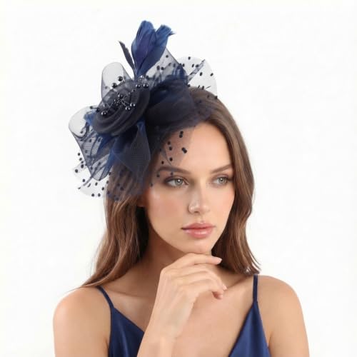 Image of DRESHOW Fascinators Hat Flower Mesh Ribbons Feathers on a Headband and a Clip Tea Party Headwear for Girls and Women