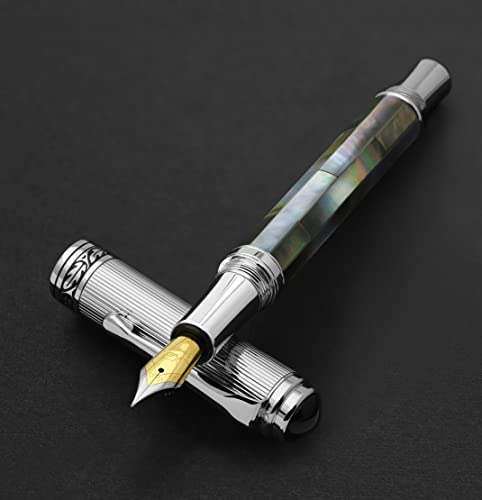 Xezo Maestro Black Mother Of Pearl Fountain Pen, Fine Nib. Chrome Plated. Handmade, No Two Pens Alike #TOP13