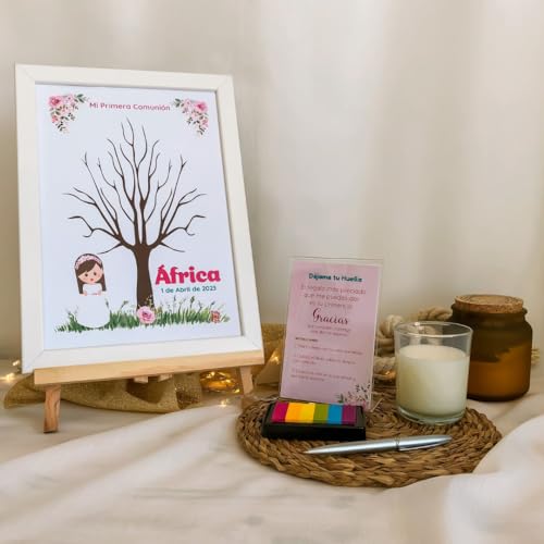 Miniatura 3 de Disatrezzo - Árbol De Huellas Personalizado Para Comunión Niña Kit Completo Con Marco, Tintas, Bolígrafo, Instrucciones, Caballete Y Banderín Mi Primera Comunión. Libro De Firmas Y Dedicatorias.