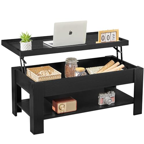 VECELO Lift Top Coffee Table with Storage Shelf and Hidden Compartment for Living Room/Office Reception, Dark Black